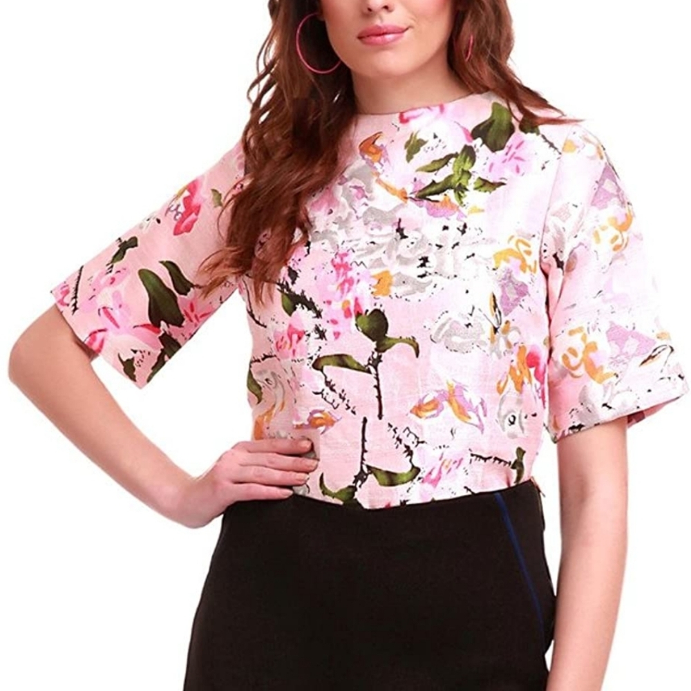 Sassafras Pink Floral Silk Crop Top Size Medium